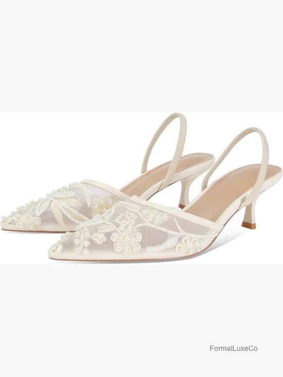 Shoes - Women's Embroidered Mesh Kitten Heel Slingback Sandals Wedding Shoes